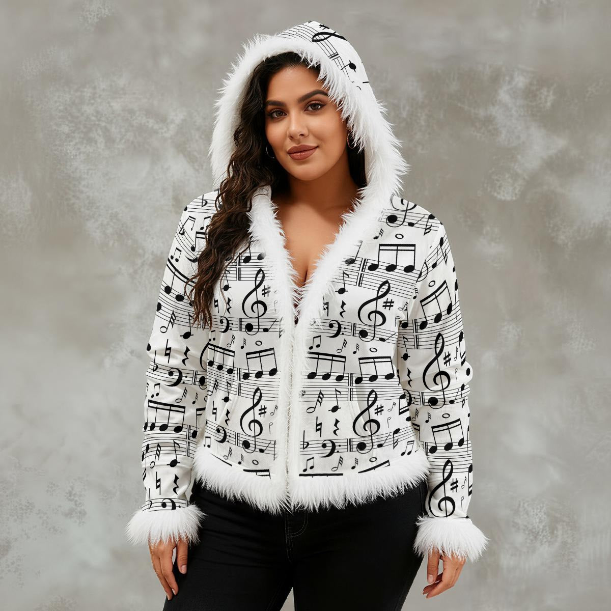 Music Print Women's Faux Fur Trim Hooded Jacket