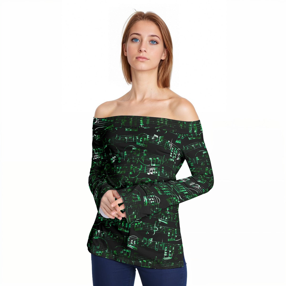 Music Notes Green Off-Shoulder Long Sleeve Top