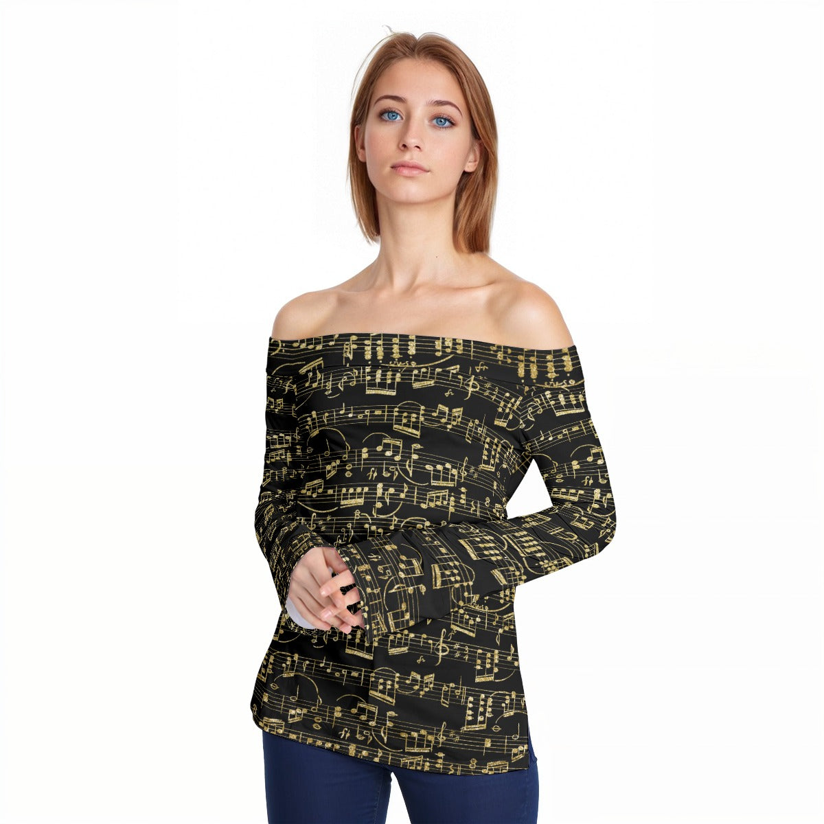 Music Print Women Off-Shoulder Long Sleeve Top