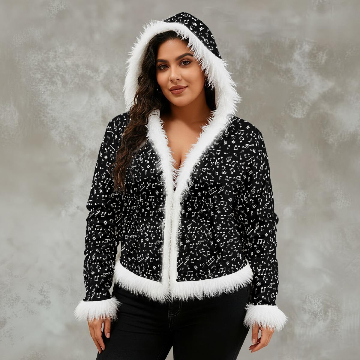 Tiny Music Notes Women's Faux Fur Trim Hooded Jacket