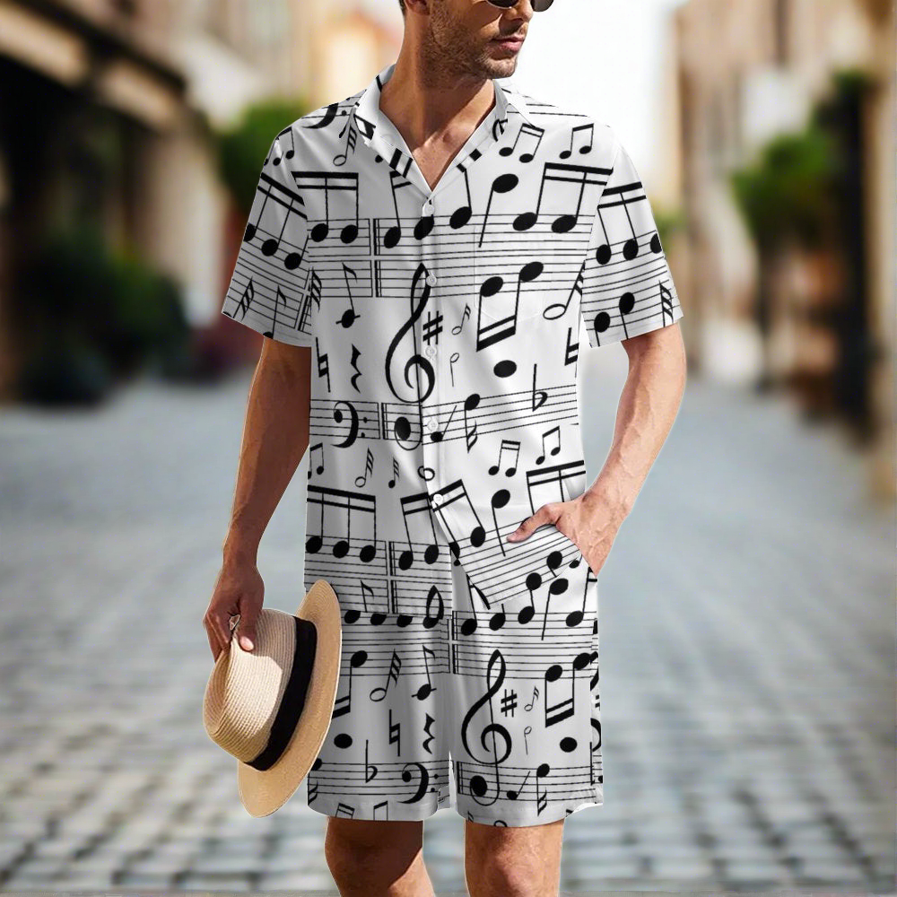 Men's Music Pattern Summer Shirt & Shorts Set