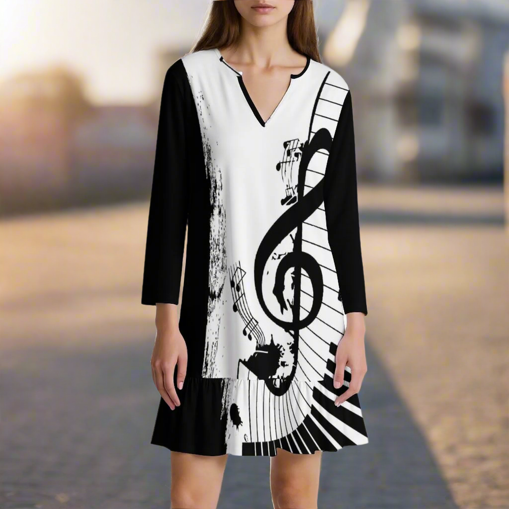 Piano & Treble Clef V-Neck Ruffle Mini Dress