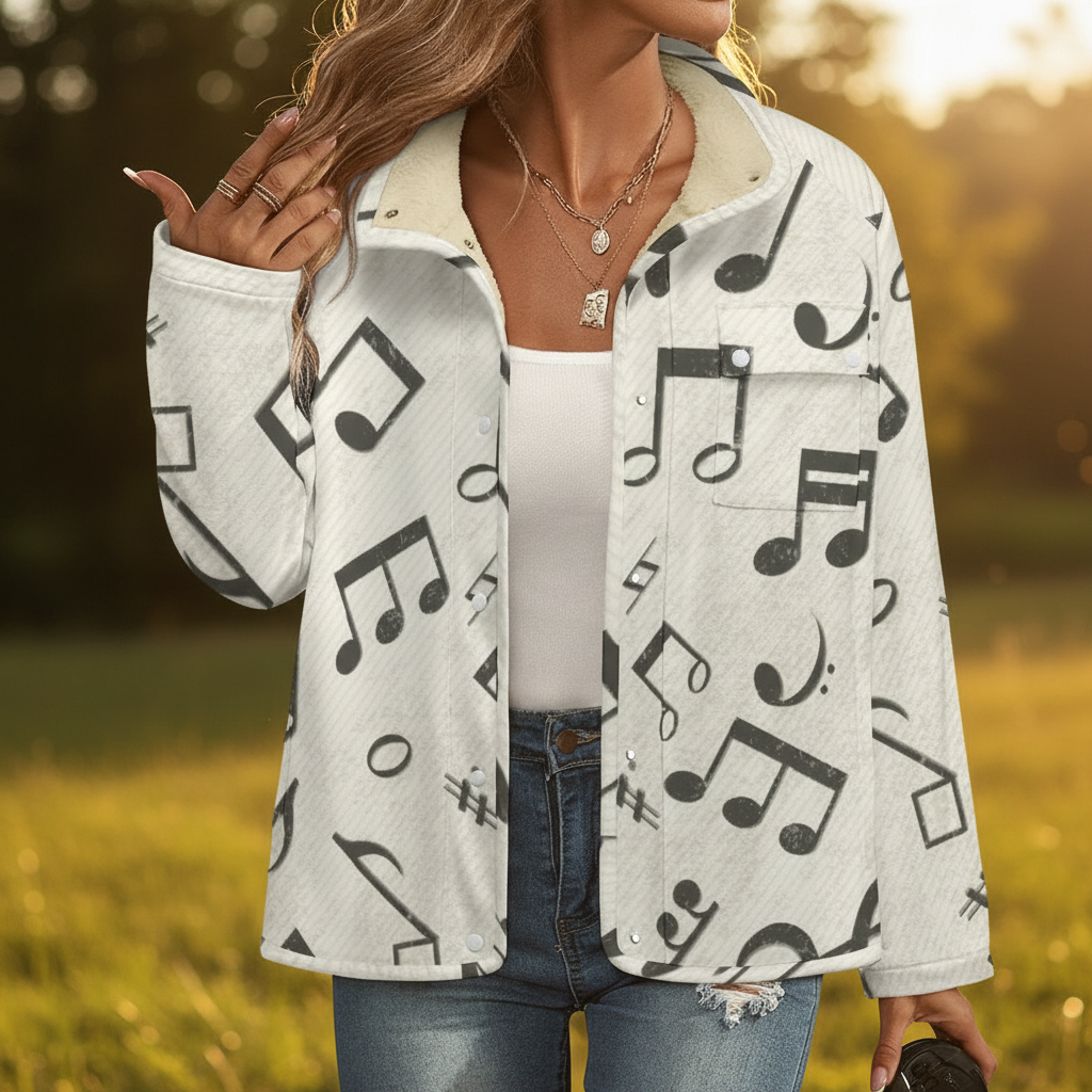 Music Pattern Beige Women's Stand Collar Fleece Jacket