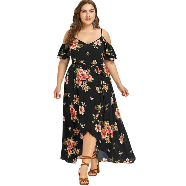 Plus Size Open Shoulder Floral Overlap Maxi Dress Asymmetrical Short Sleeves Cut Out High Waist V-Neck Bohemian Dress main image 1