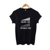 "Music On World Off" T-Shirt - Black / S - { shop_name }} - Review