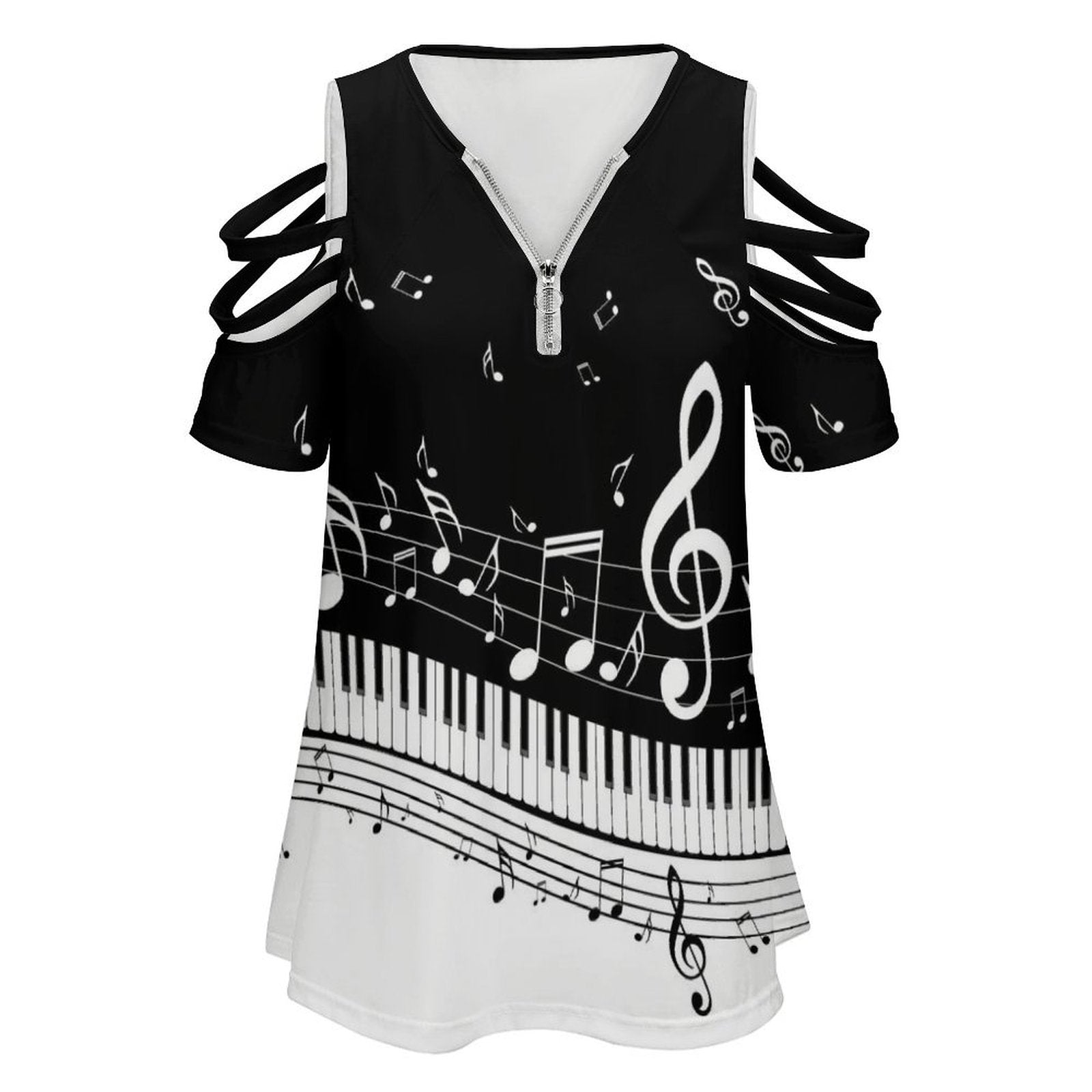 Piano Black Zip V-Neck Off Shoulder Top