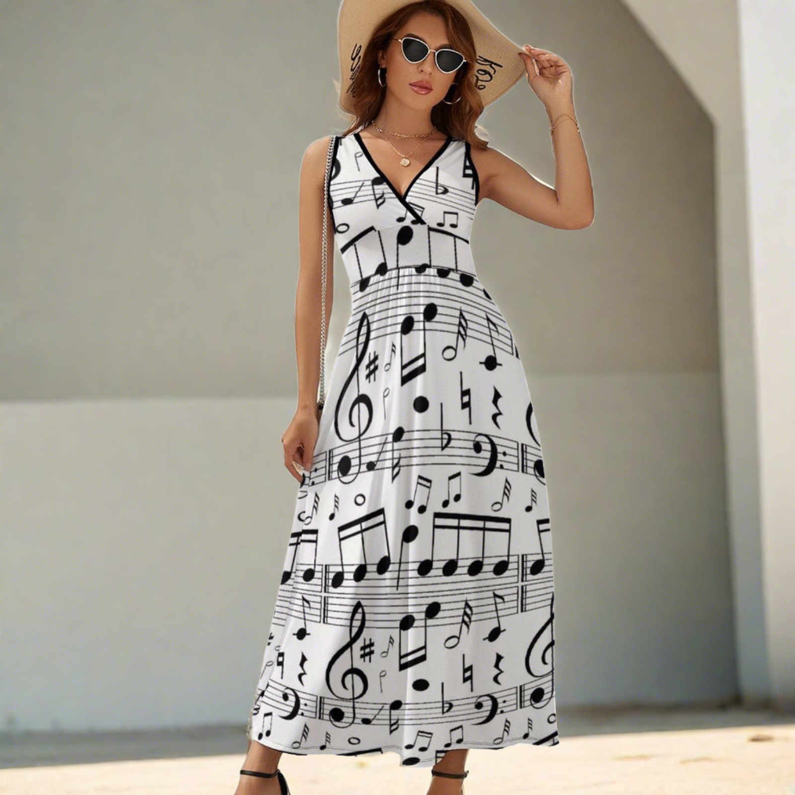 Music Notes White Sleeveless Long Dress
