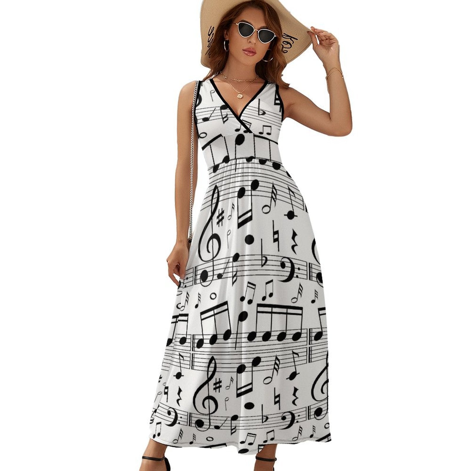 Music Notes White Sleeveless Long Dress
