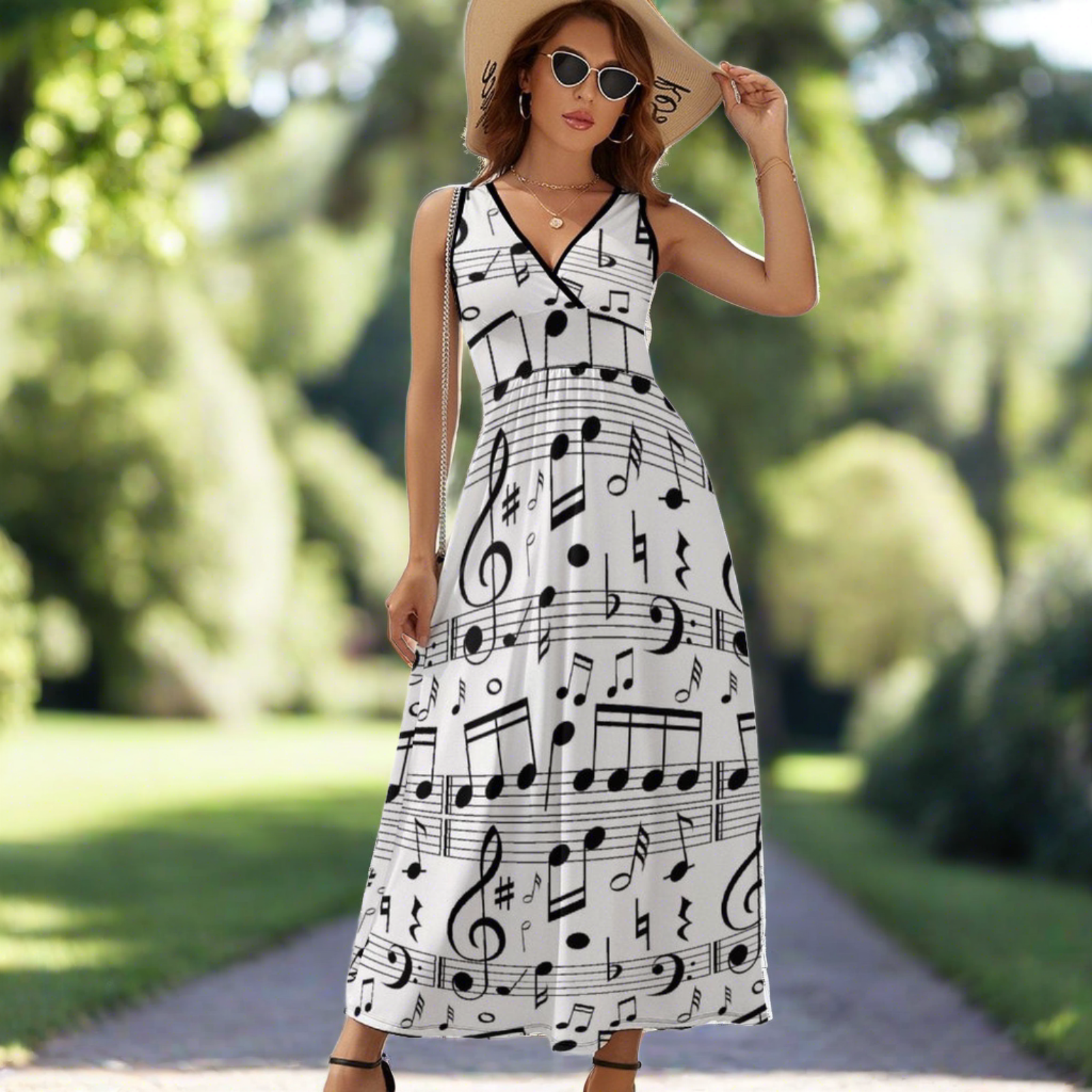 Music Notes White Sleeveless Long Dress