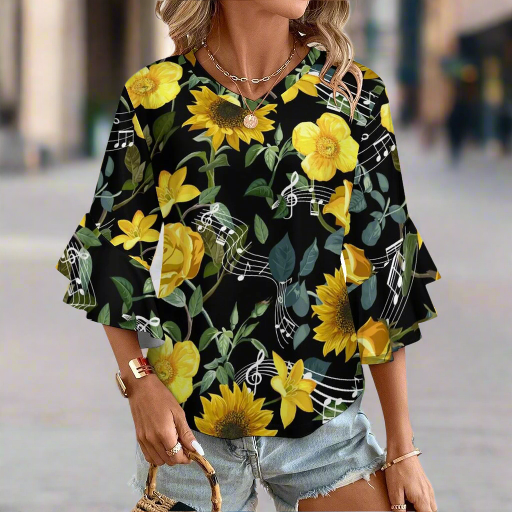 Music & Sunflowers Women's Ruffled Sleeve Blouse