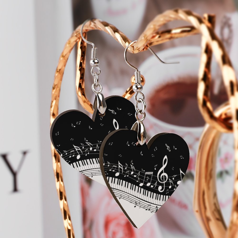 Piano Heart Shape Wooden Earrings