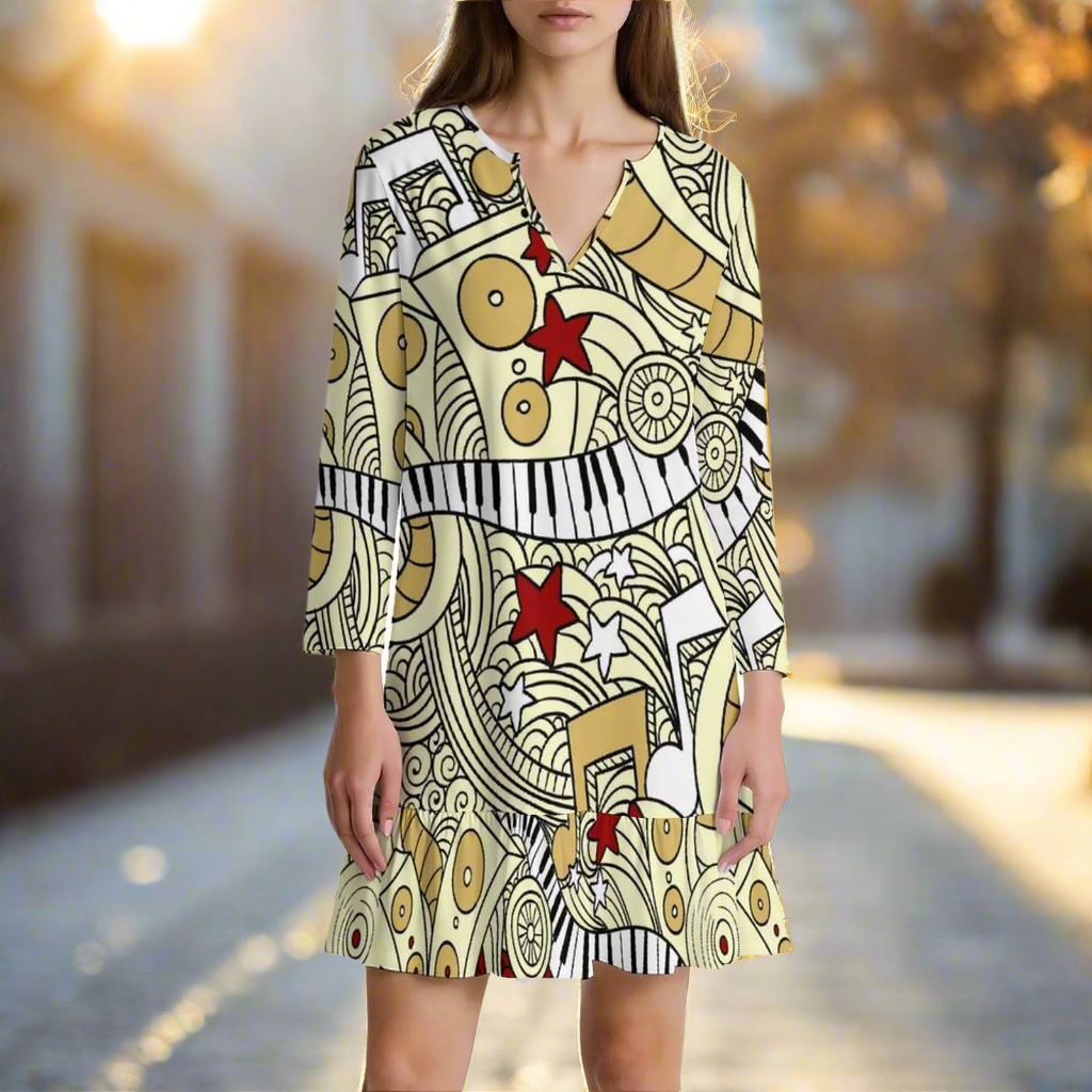 Music & Yellow V-Neck Ruffle Mini Dress