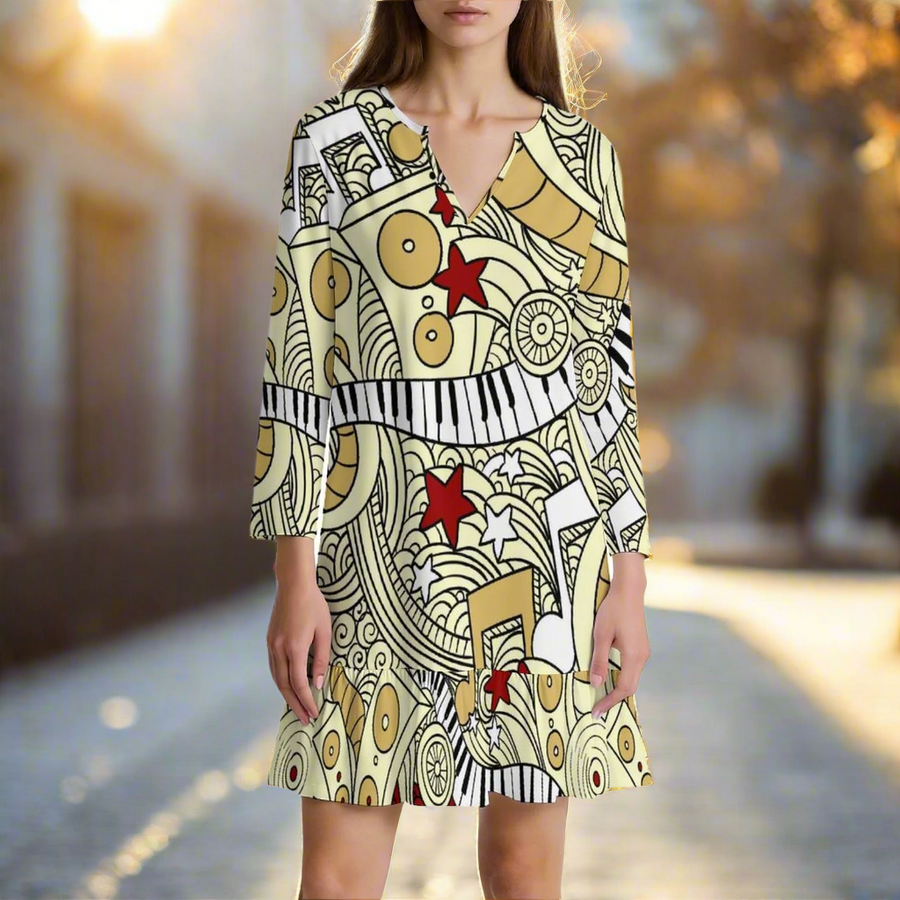 Music & Yellow V-Neck Ruffle Mini Dress