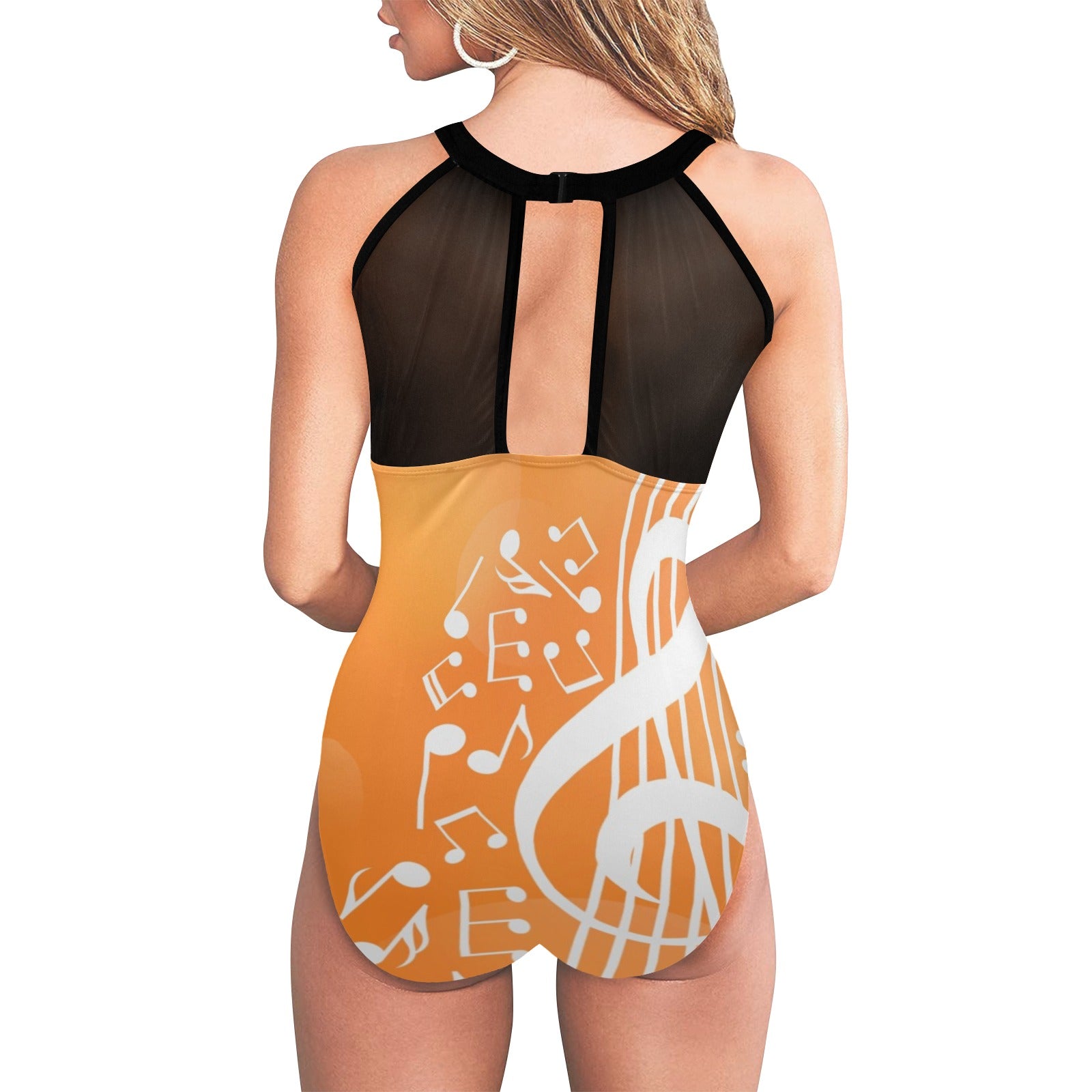 Summer Music High Neck Mesh Ruched Swimsuit