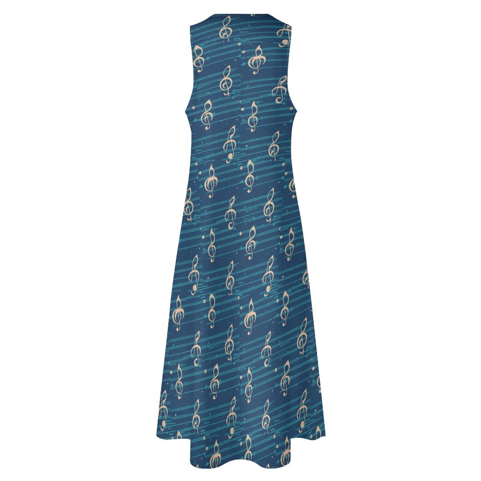 Music Notes Print Blue Sleeveless Long Dress