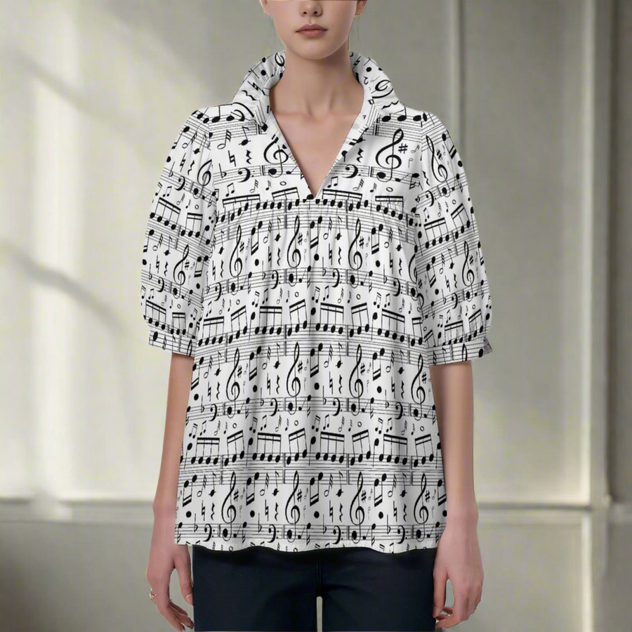 Music Notes White Ruffle Collar Blouse