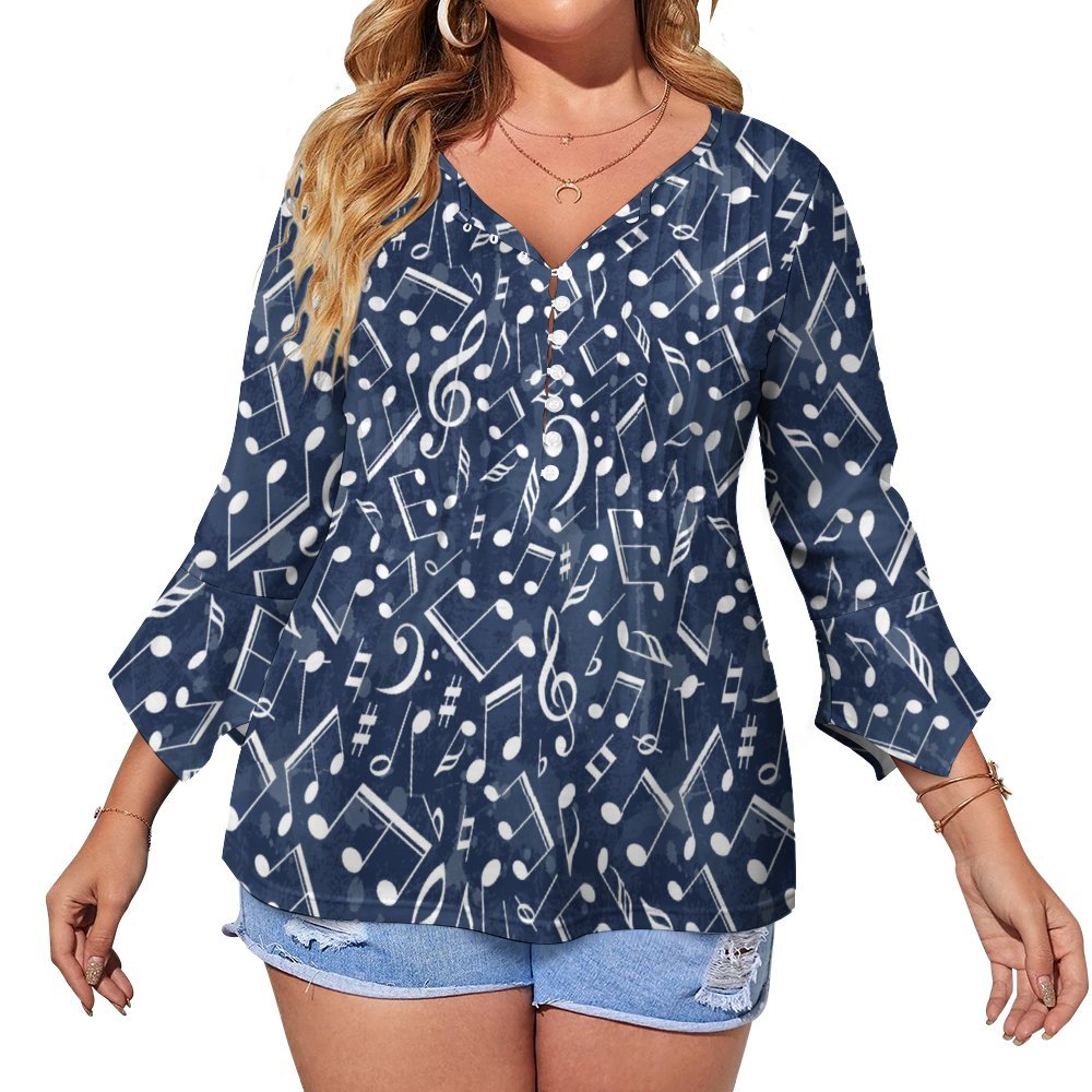 Music Ocean Button Up Ruffled Petal Sleeve Top