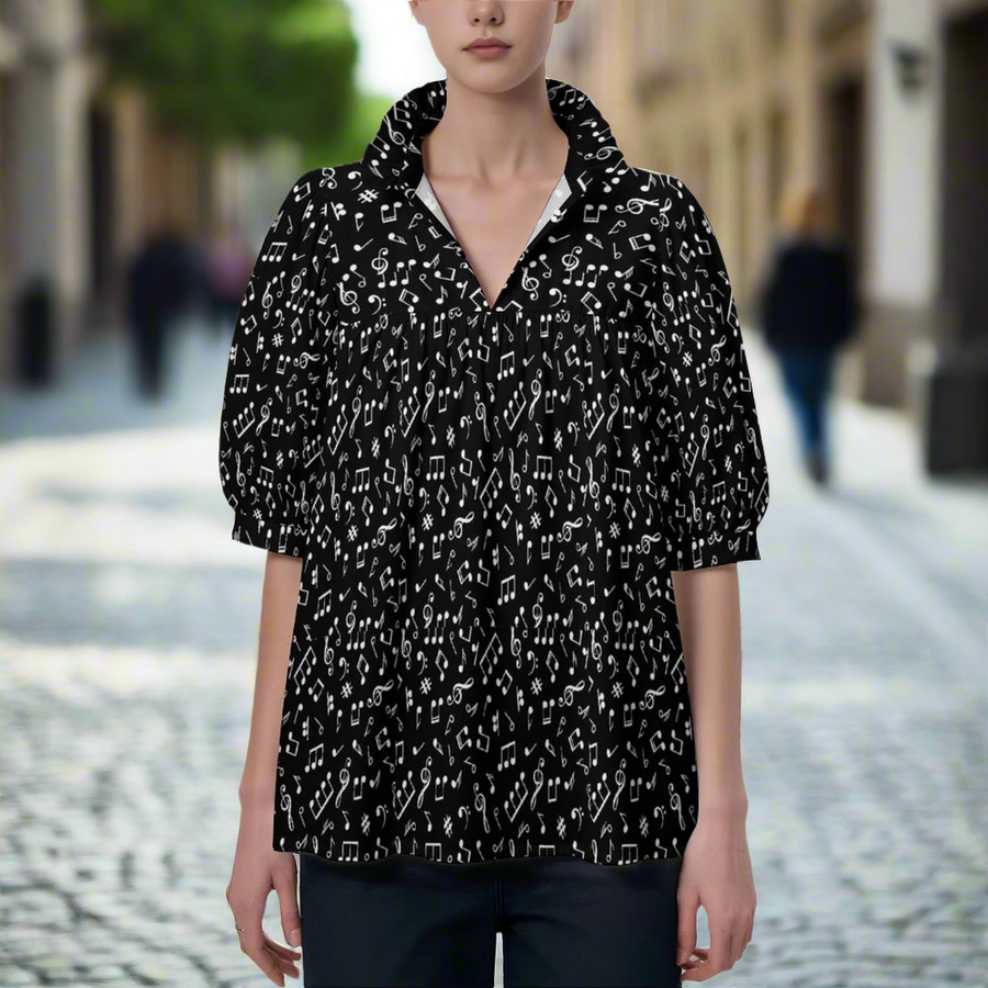 Music Pattern Casual Ruffle Collar Blouse