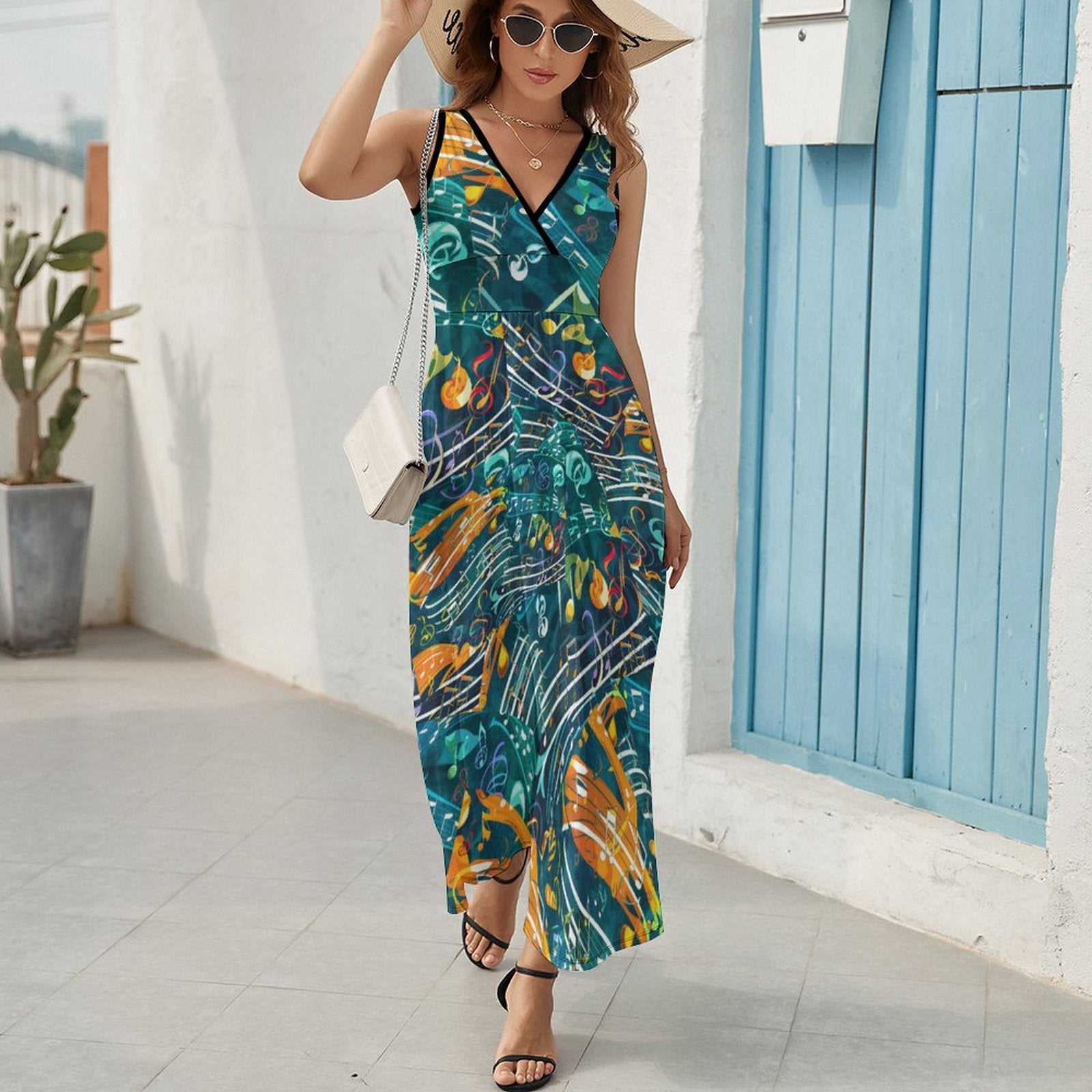 Artistic Music Notes Sleeveless Long Dress