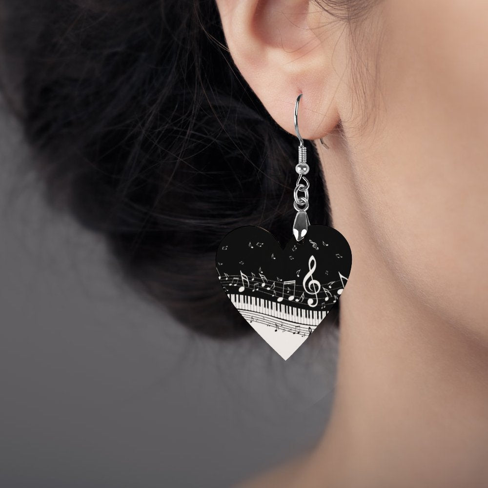 Piano Heart Shape Wooden Earrings