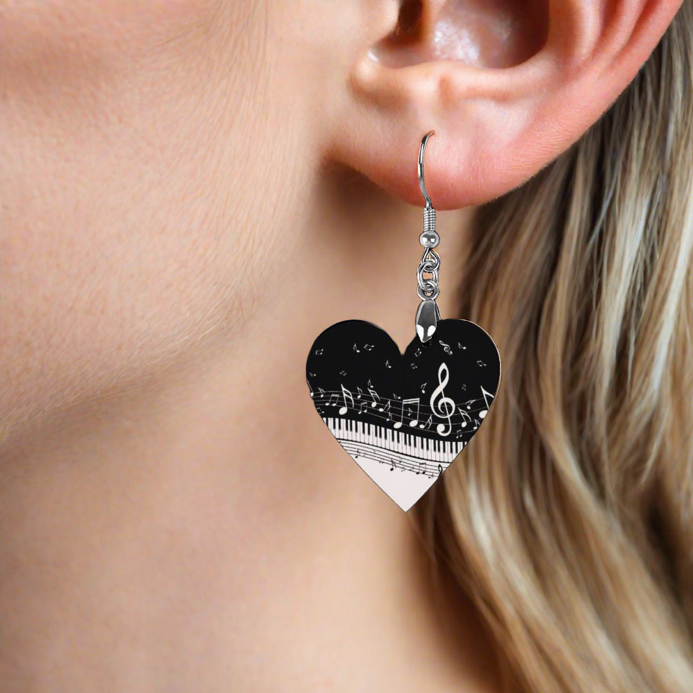 Piano Heart Shape Wooden Earrings