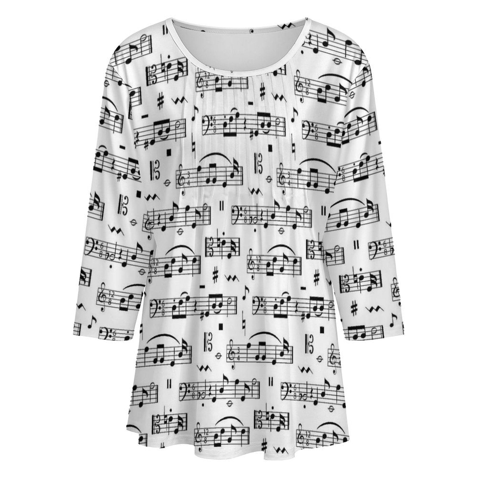 Music White Women's 3/4 Sleeve Pleated Tunic Top