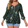Green & White Music Button Up Ruffled Petal Sleeve Top