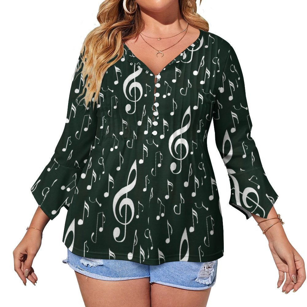 Green & White Music Button Up Ruffled Petal Sleeve Top