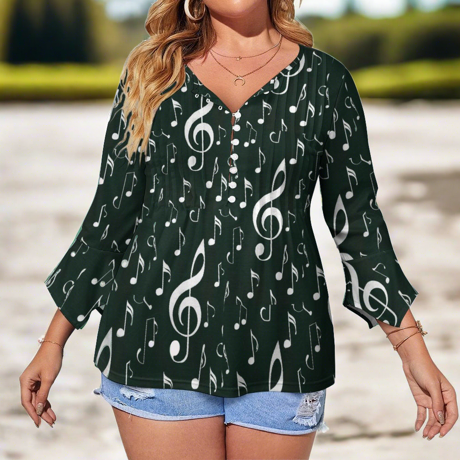 Green & White Music Button Up Ruffled Petal Sleeve Top