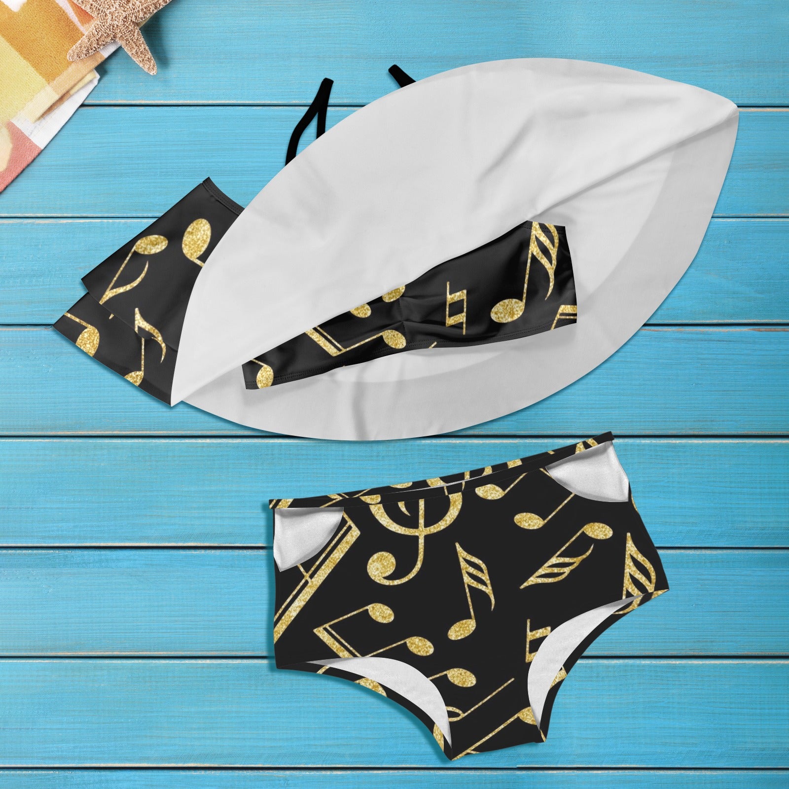 Golden Music Notes Ruffle Off Shoulder Bikini