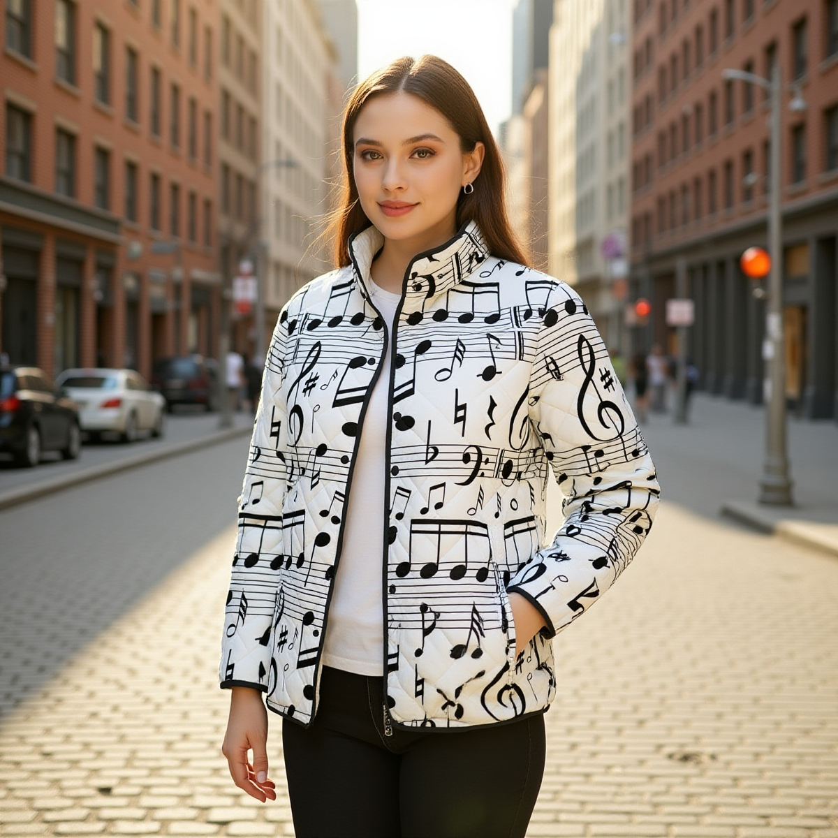 Music Notes White Unisex Quilted Jacket