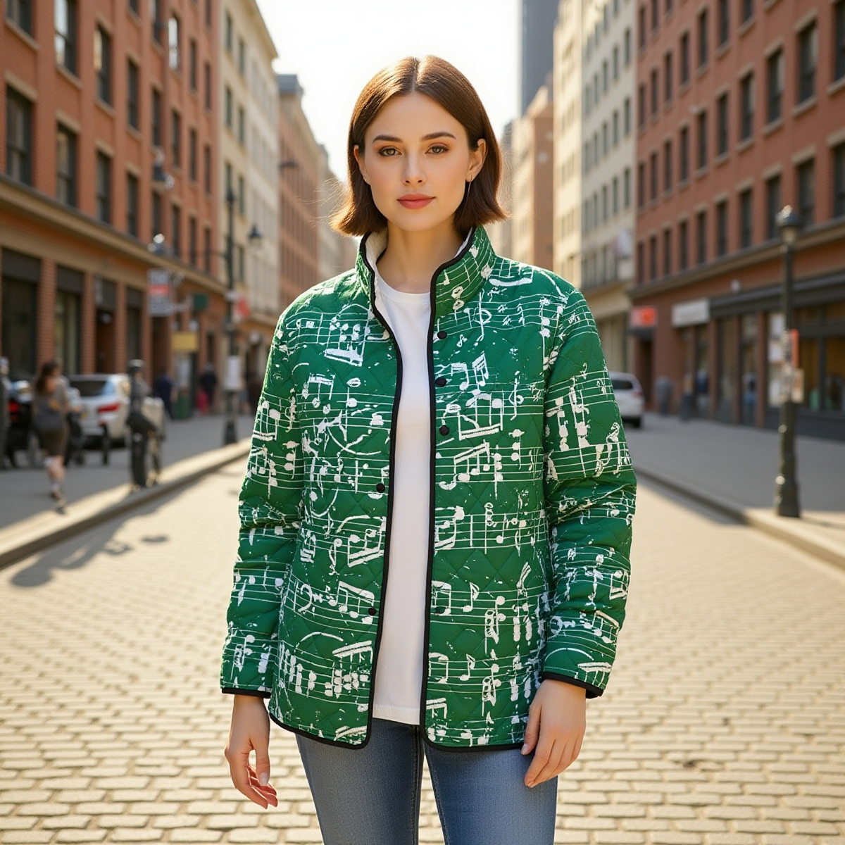 Music Pattern Green Unisex Quilted Jacket