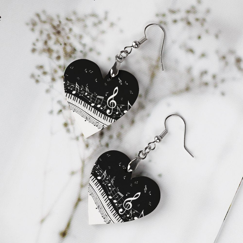 Piano Heart Shape Wooden Earrings