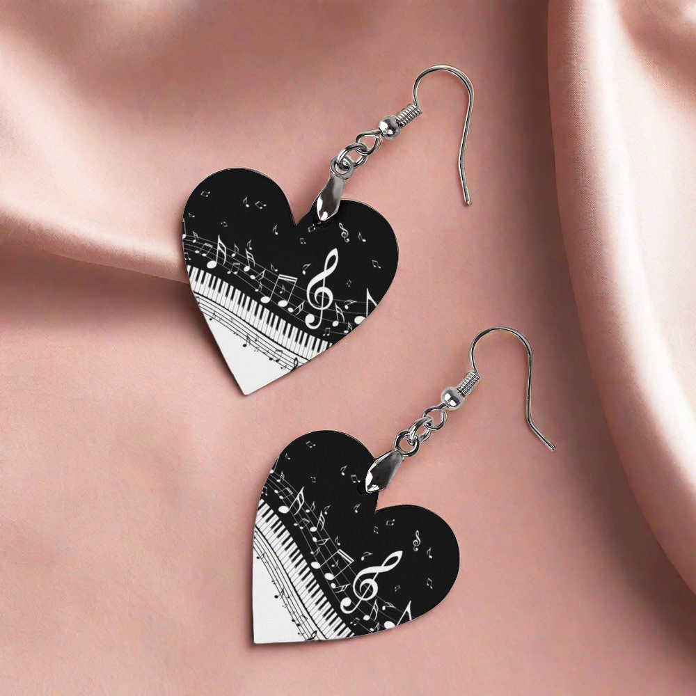 Piano Heart Shape Wooden Earrings