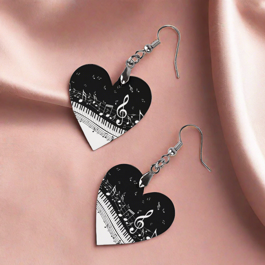 Piano Heart Shape Wooden Earrings