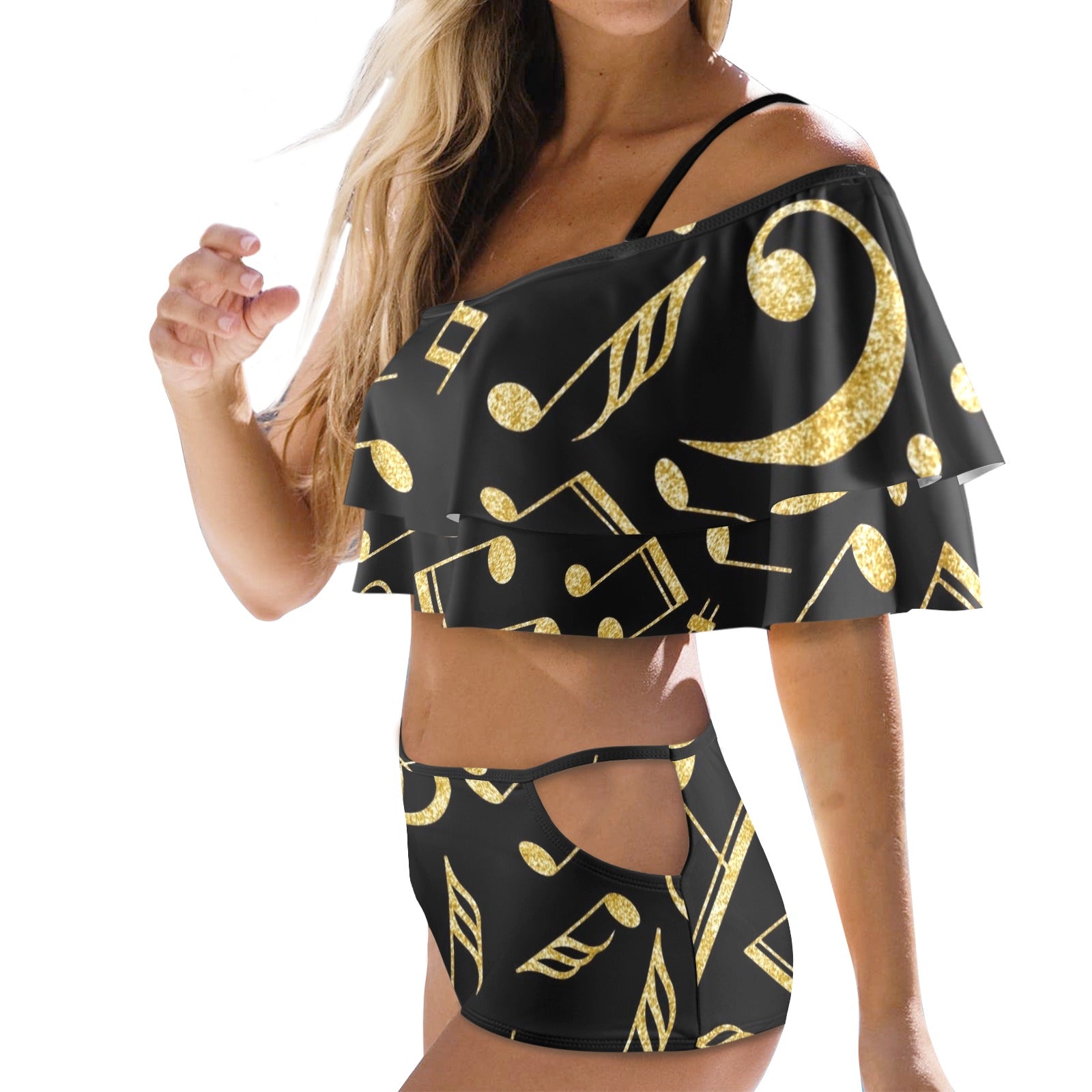 Golden Music Notes Ruffle Off Shoulder Bikini