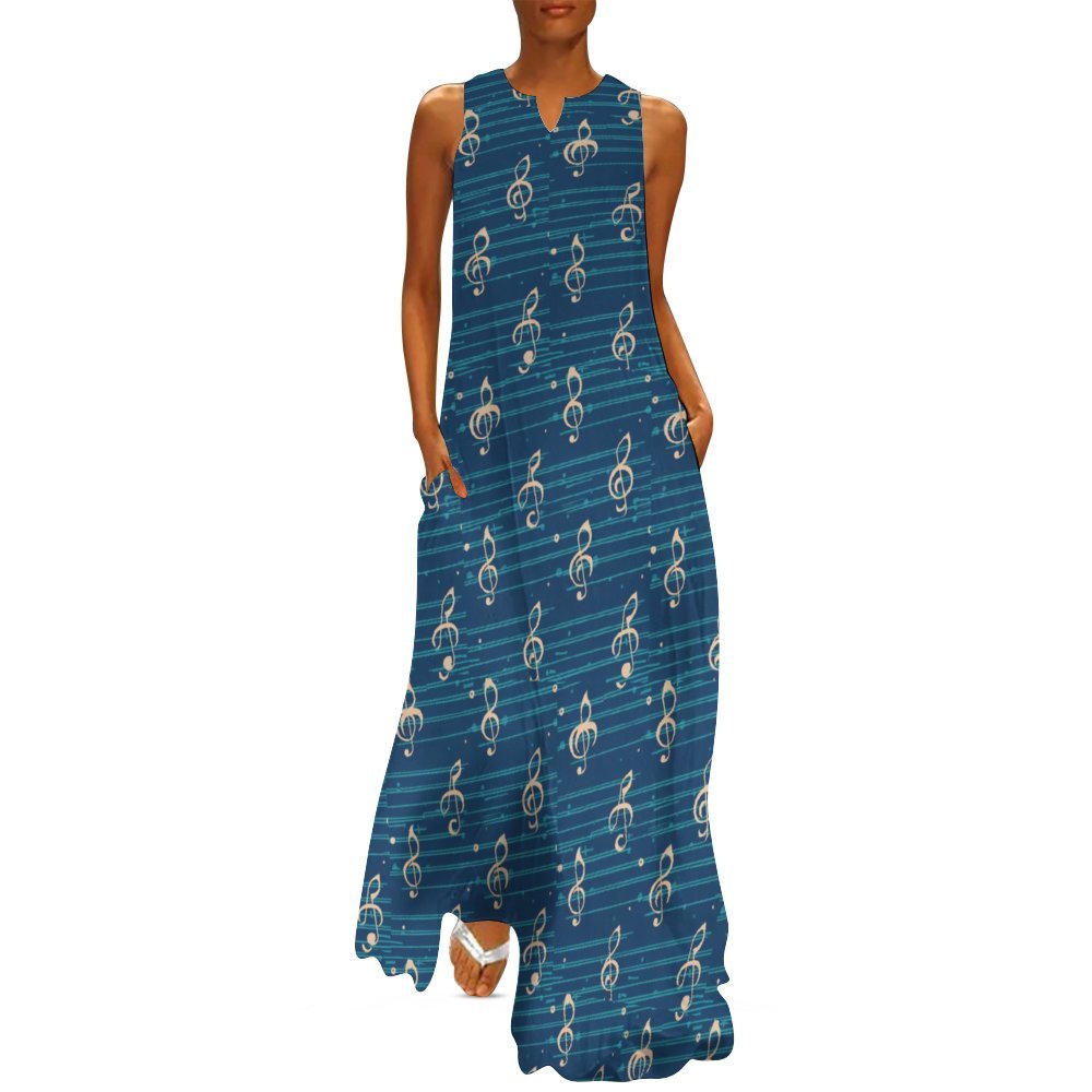Music Notes Print Blue Sleeveless Long Dress
