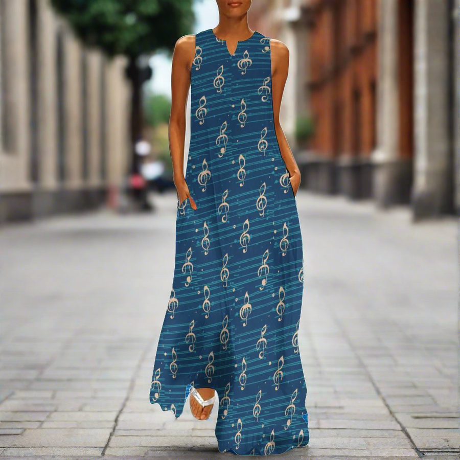 Music Notes Print Blue Sleeveless Long Dress