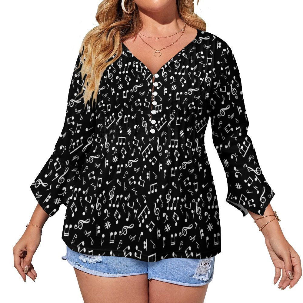 Black Music Button Up Petal Sleeve Ruffled Top