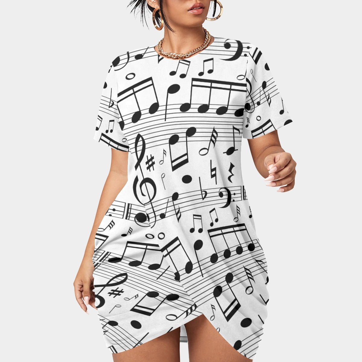 Music Print White T-shirt Dress (Plus Size)