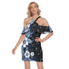 Music Blue Flowers Cold Shoulder Criss Cross Dress