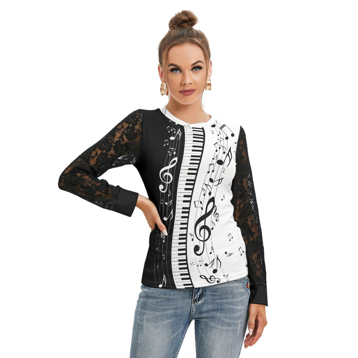 Piano Print Lace Sleeve Top