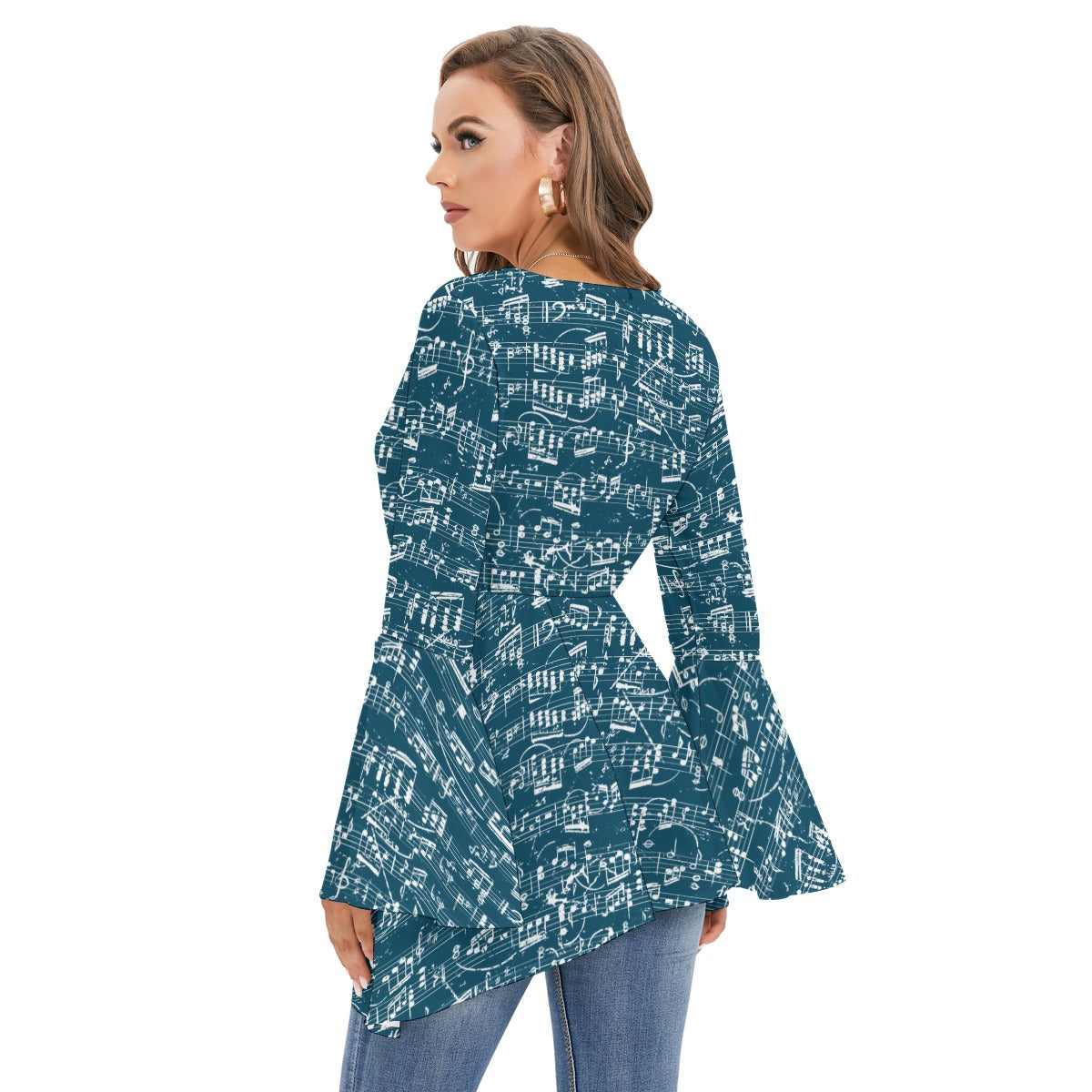 Blue Music Print V-neck Flared Sleeve Blouse