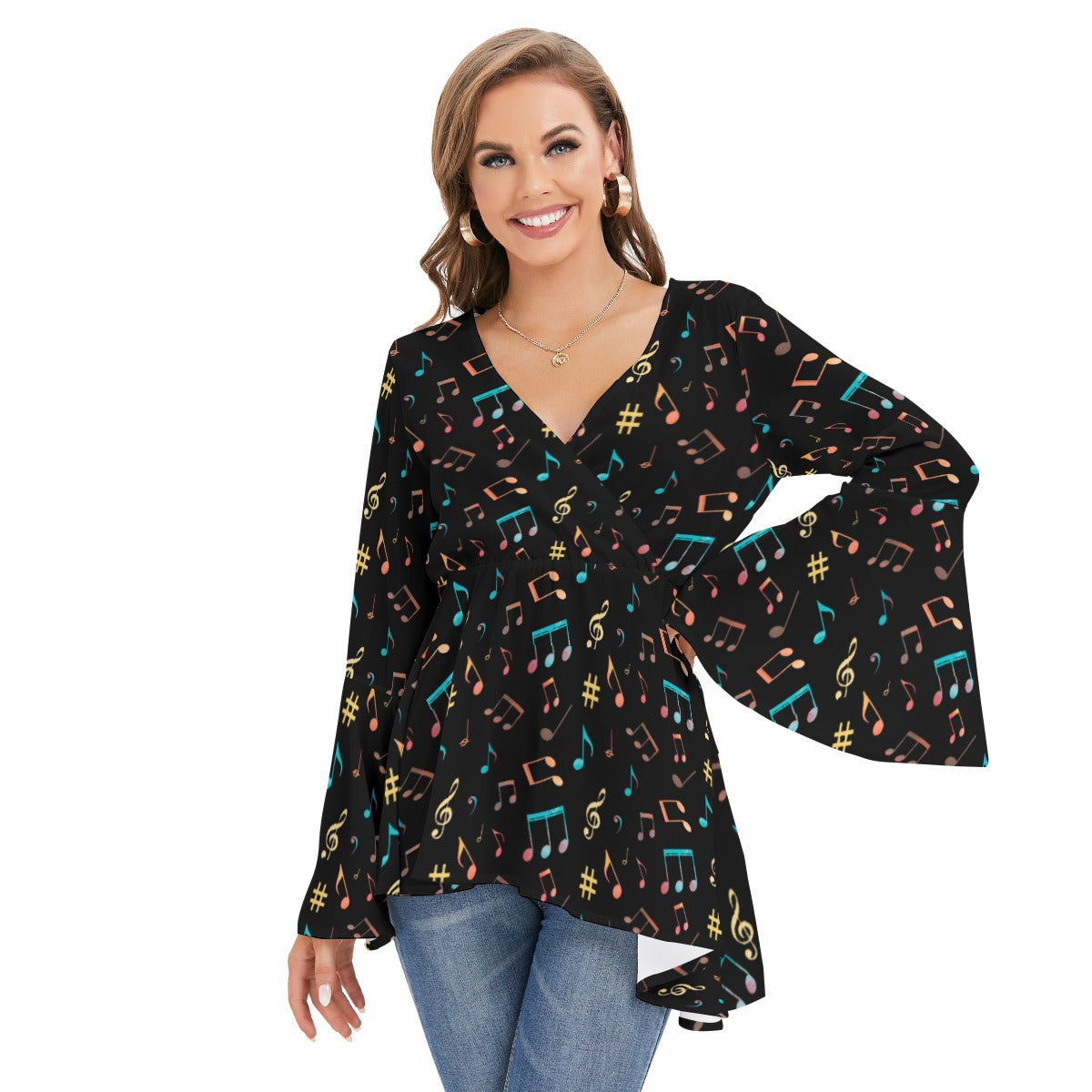 Classic Music Print V-neck Flared Sleeve Blouse