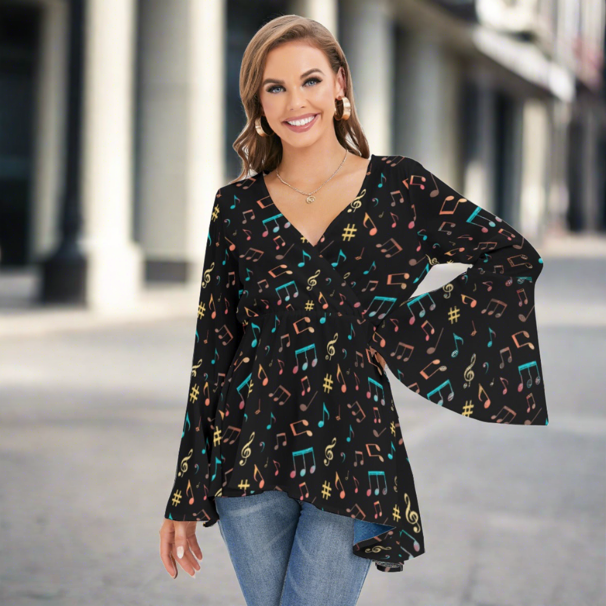 Classic Music Print V-neck Flared Sleeve Blouse