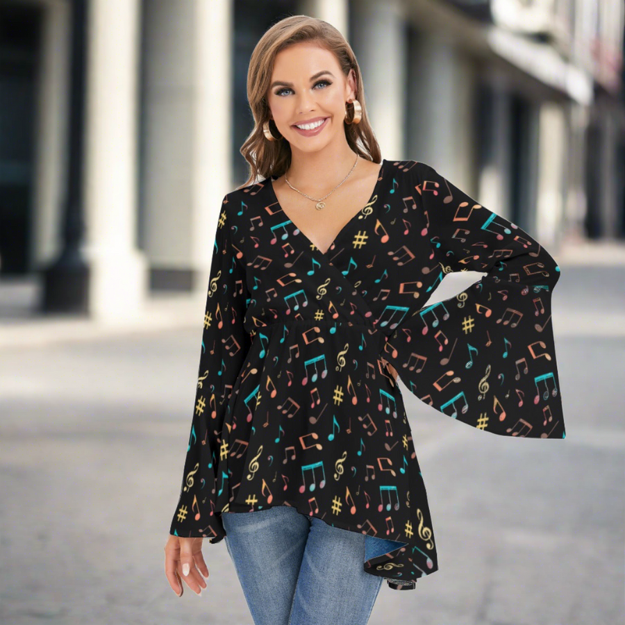 Classic Music Print V-neck Flared Sleeve Blouse