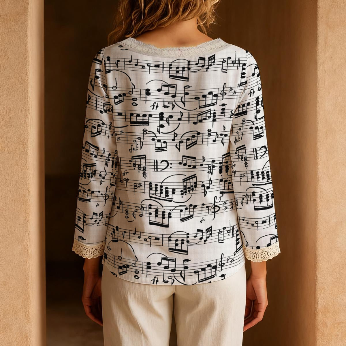 Music Scores Long-Sleeve Boho Tie Neck Top