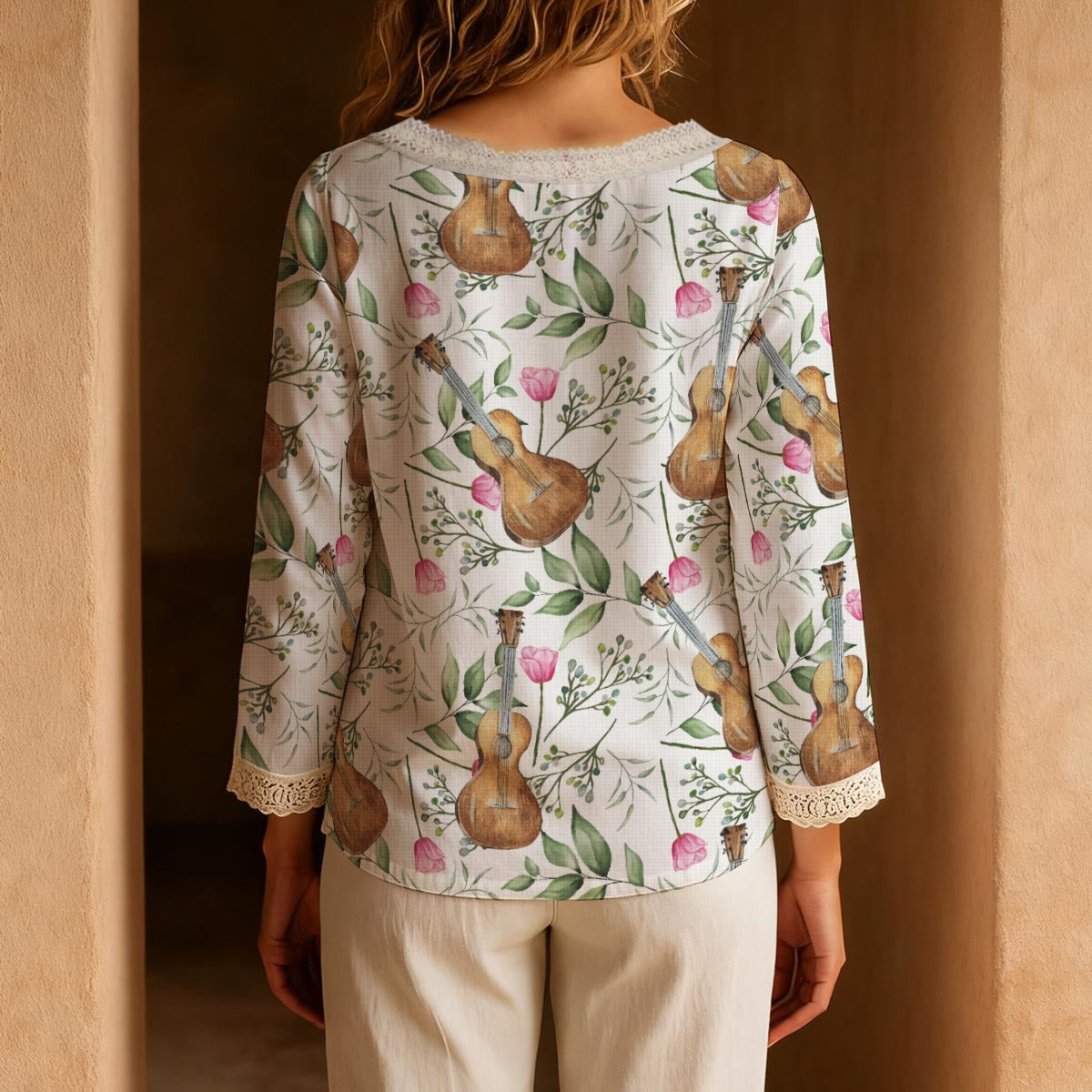 Guitar Long-Sleeve Boho Tie Neck Top