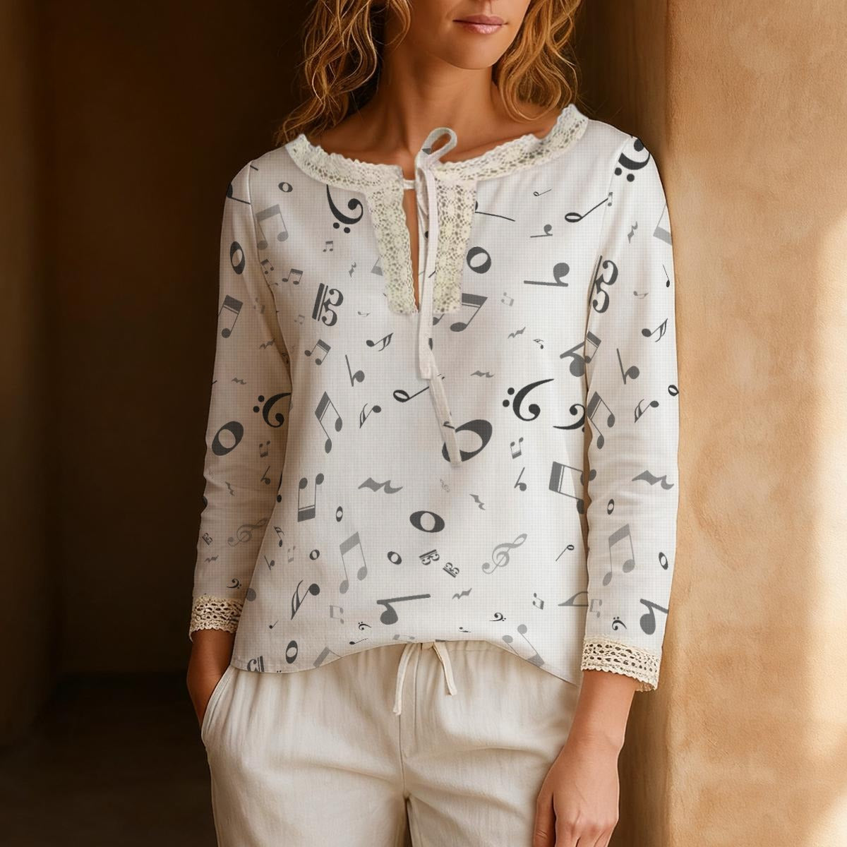 Gray Music Notes Long-Sleeve Boho Tie Neck Top