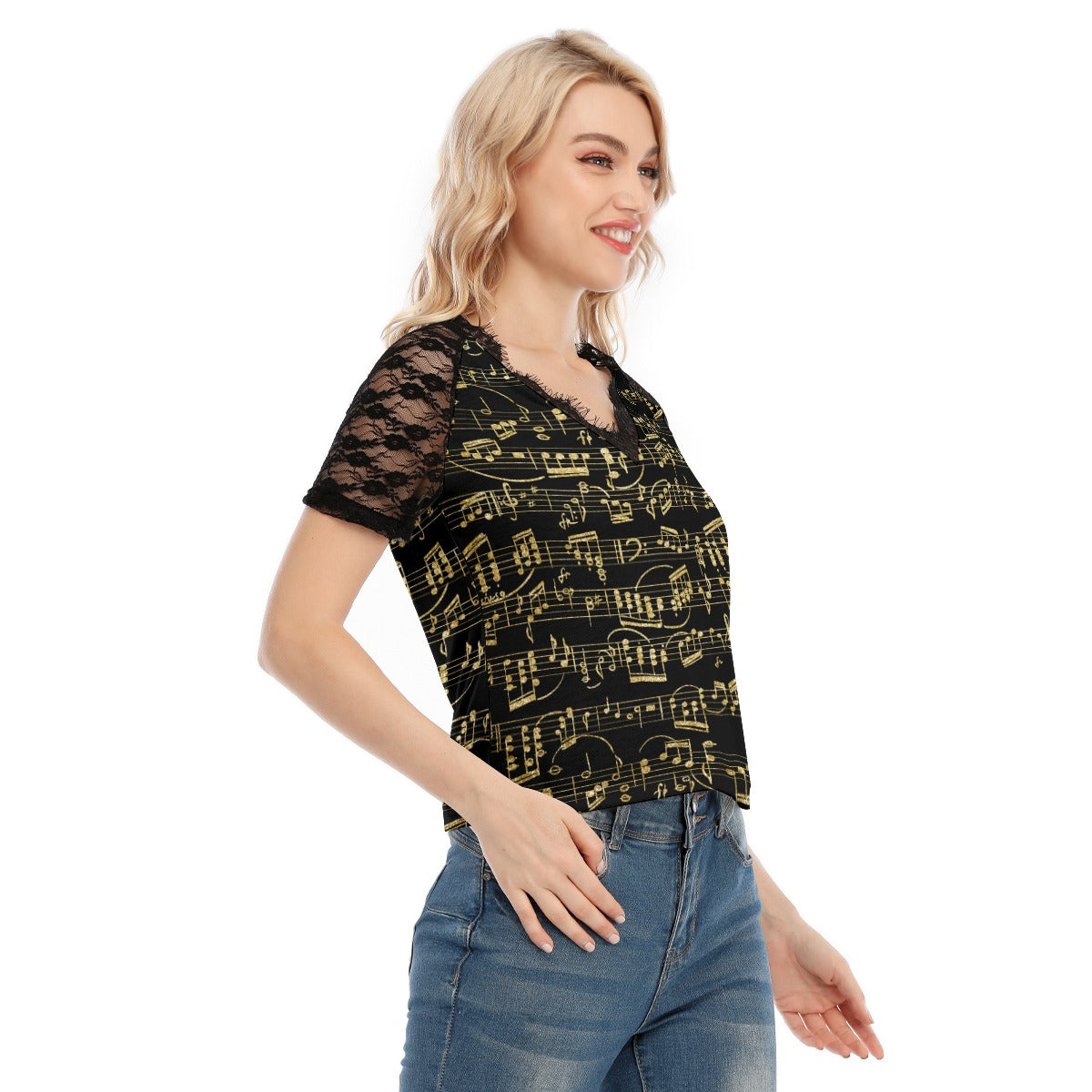 Music Black V-neck Lace T-shirt